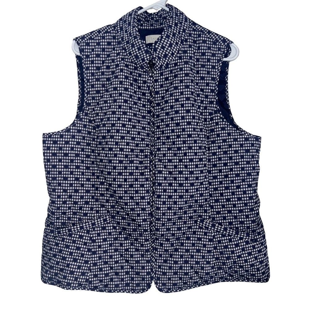 Talbots Womens XL Navy Blue Gingham Polka Dot Quilted Puffer‎ Vest Grandmacore